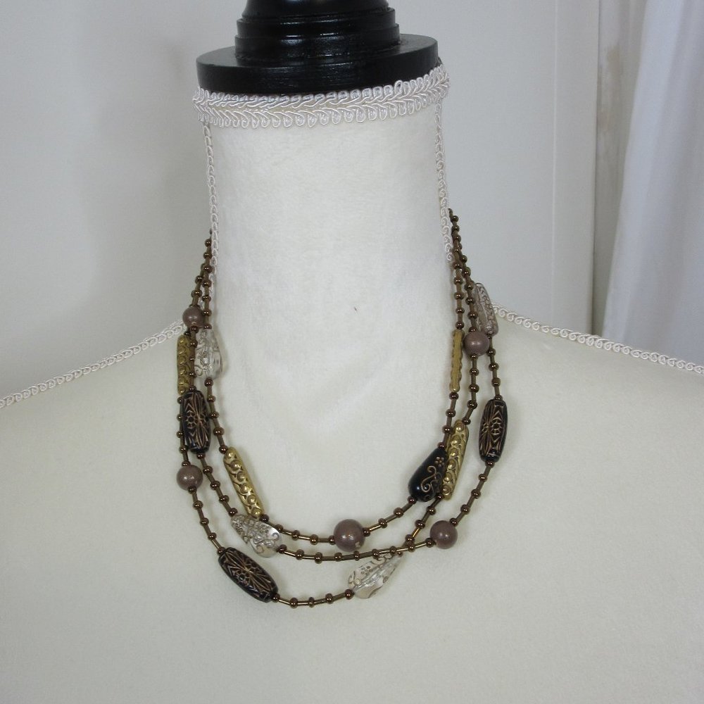 Chico's Necklace Beaded 3 Strand Brown Gold Black Bronze Bohemian Vintage
